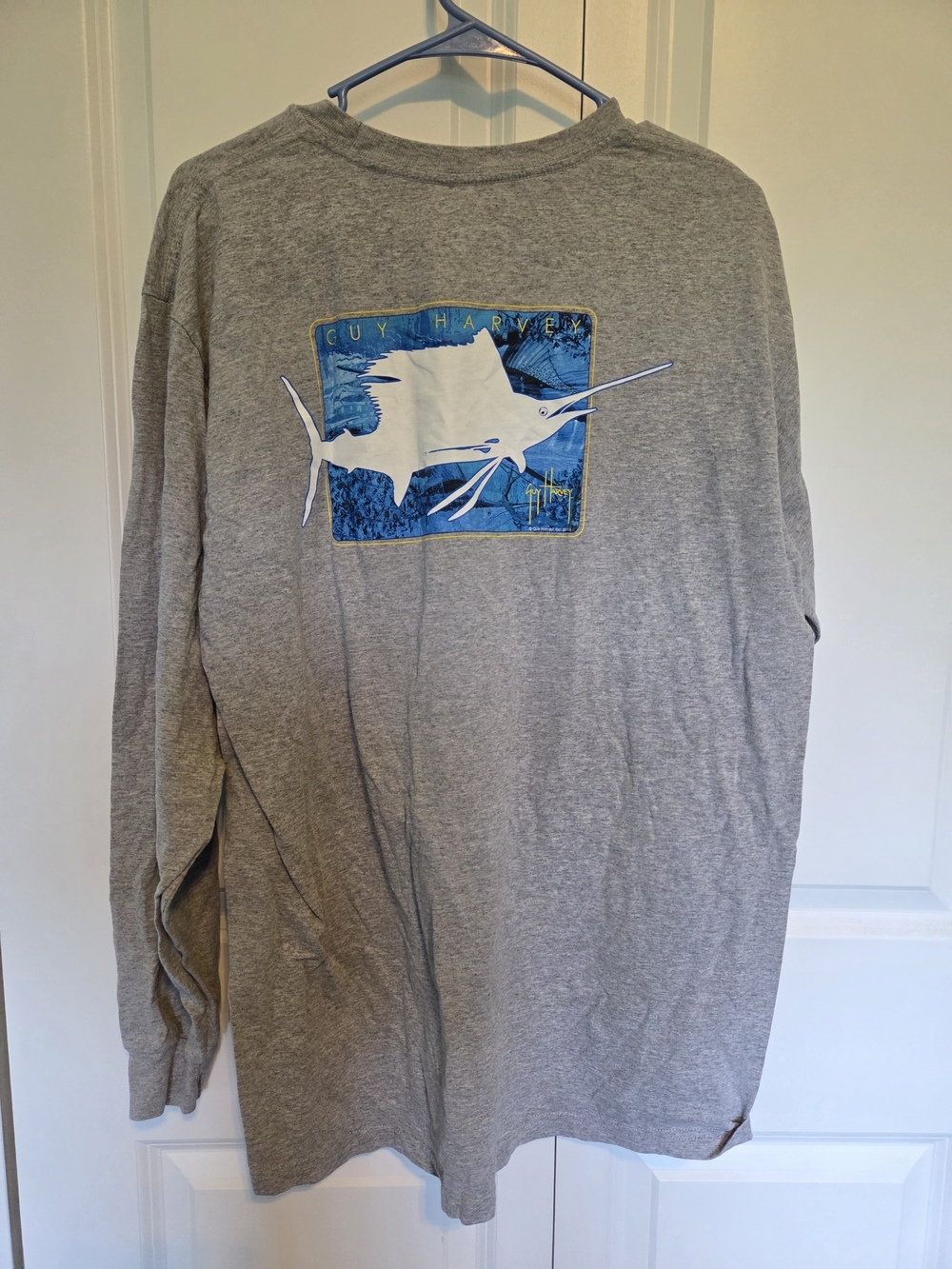 Guy Harvey Gray Long-Sleeve Shirt with Blue Marlin Graphic